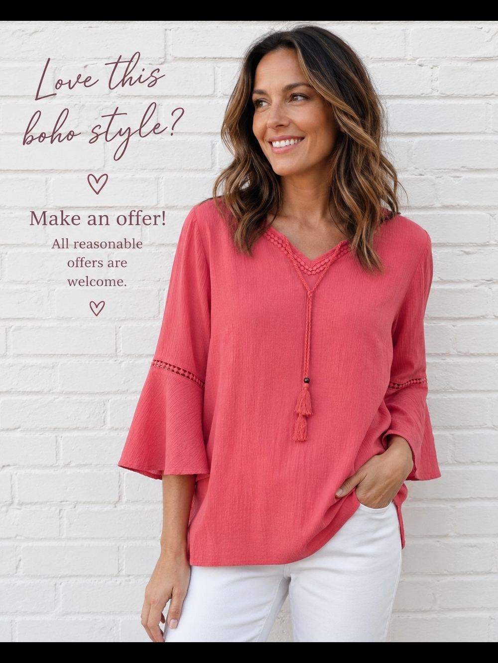 d&co Denim & Company Coral Boho Bell Sleeve Peasant Top Medium M